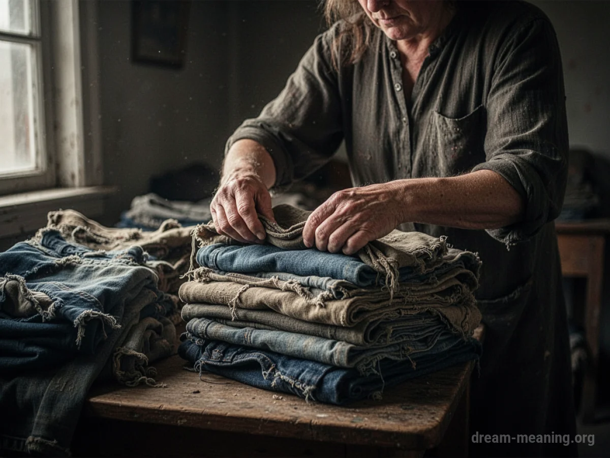 Stacks of aged, faded clothes piled neatly on shelves.