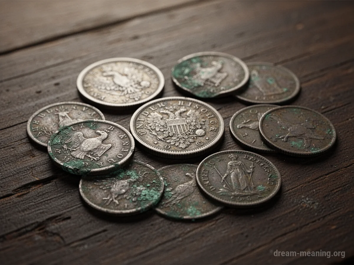A collection of old, metallic coins lying on a dark, textured surface.