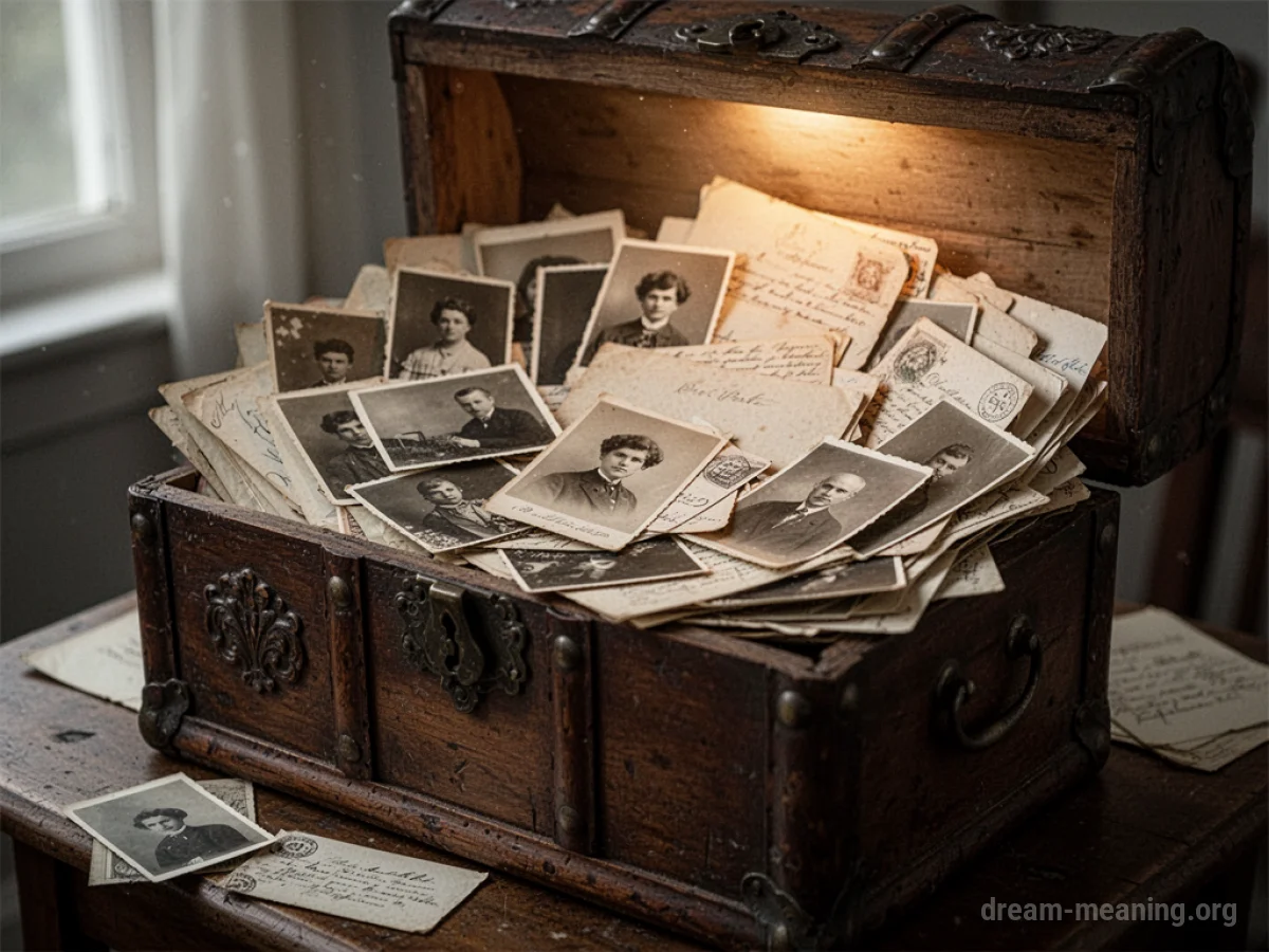 An antique chest filled with old photographs and letters.