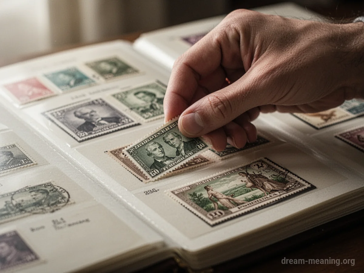 A person's hand holding a postage stamp over an open album page.