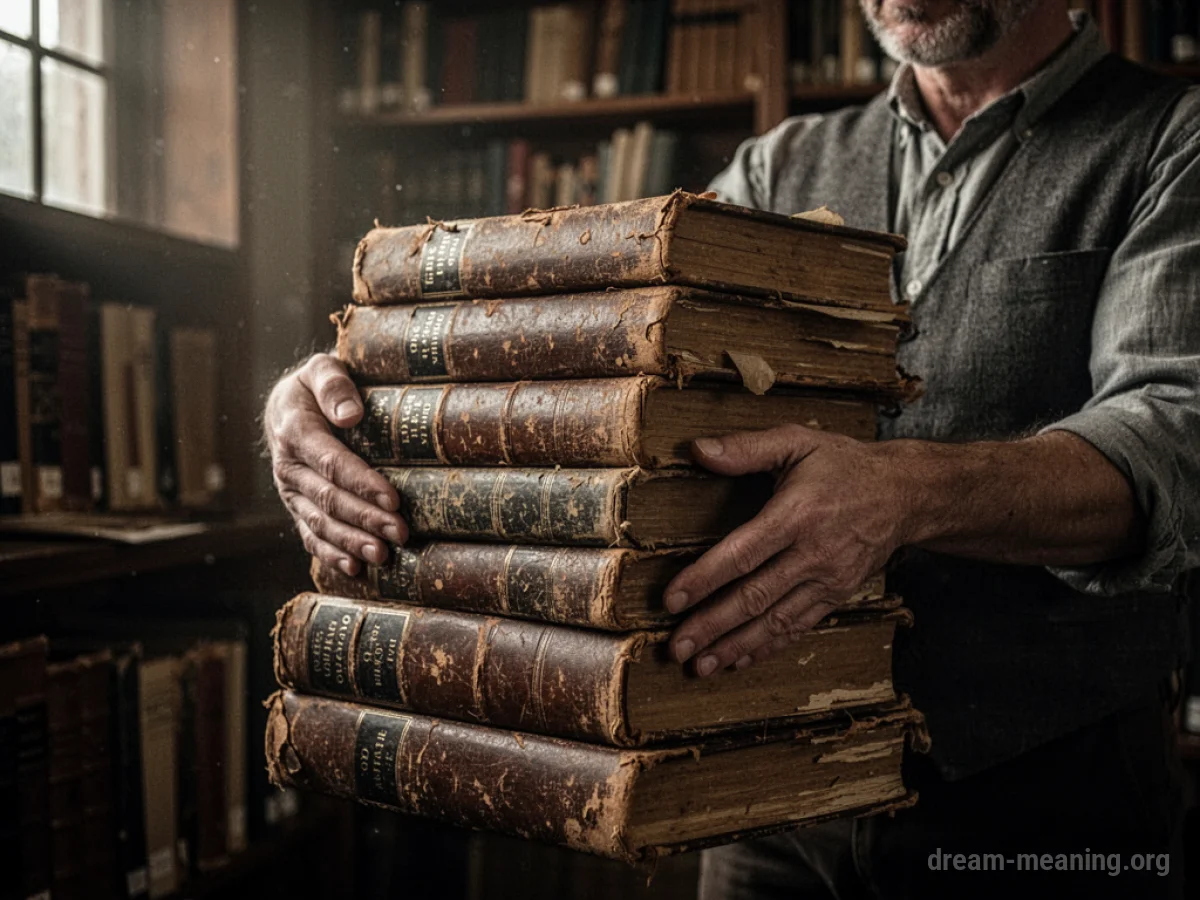 A person holding old books in a library.