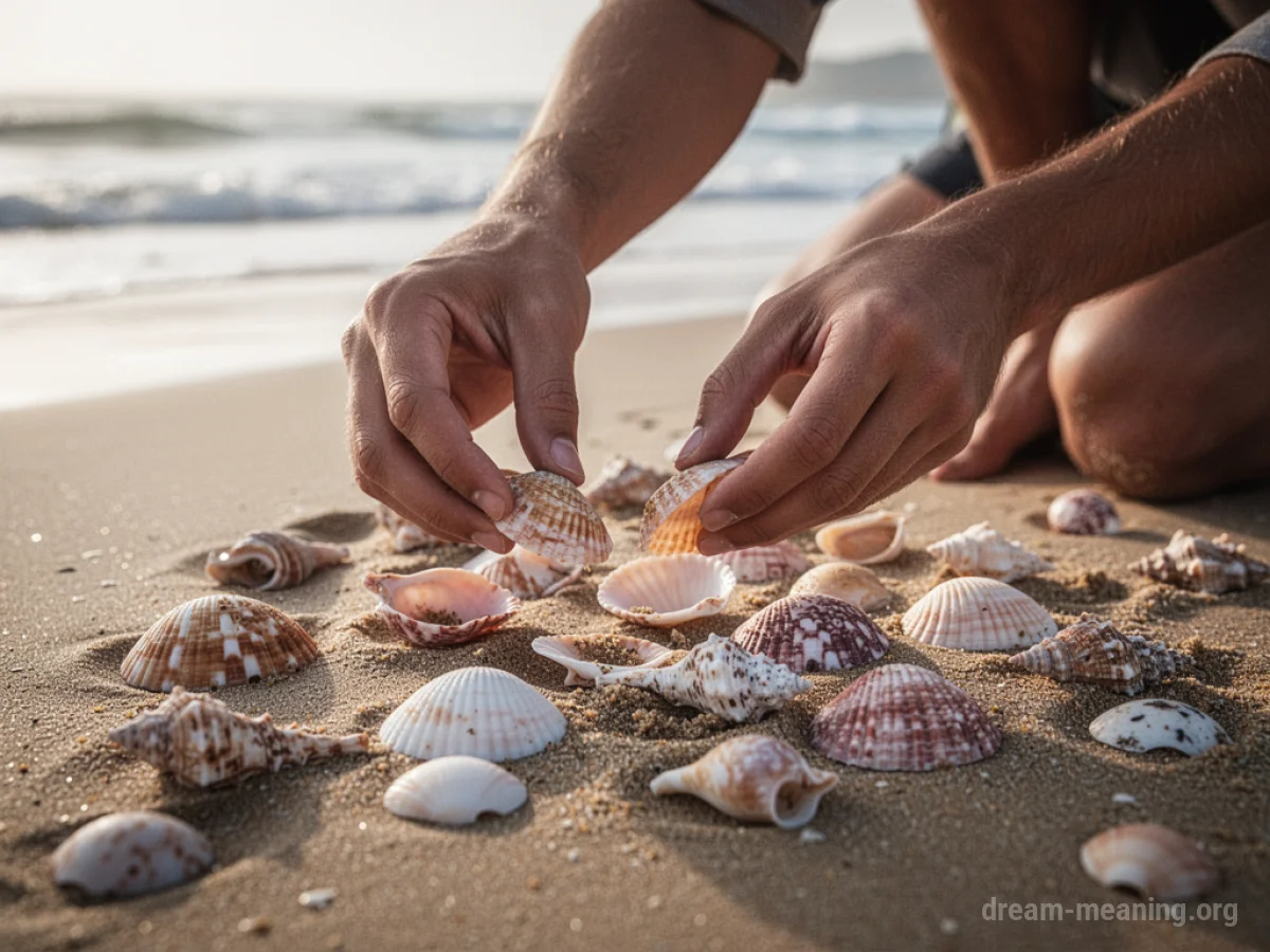 Hands gathering seashells on a sandy shore.
