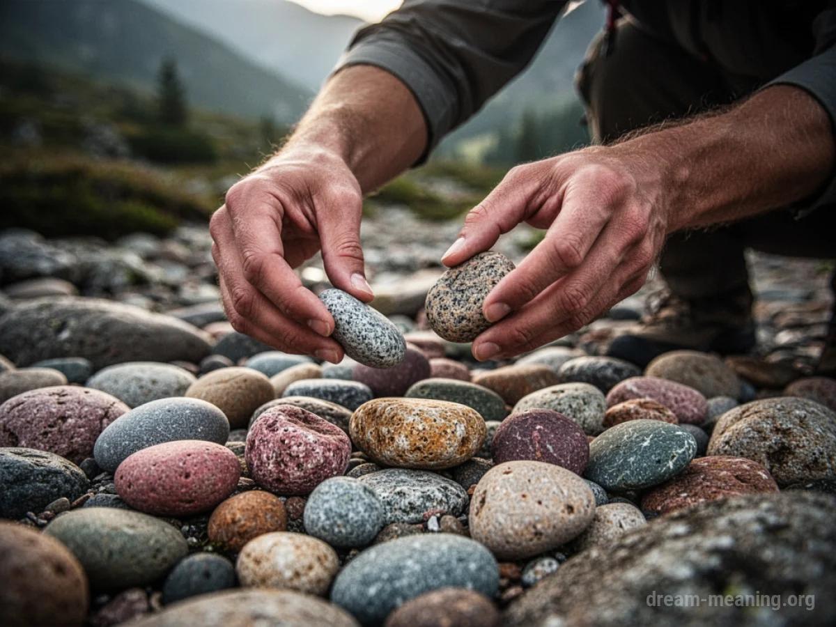 Hands selecting colorful stones from the ground.