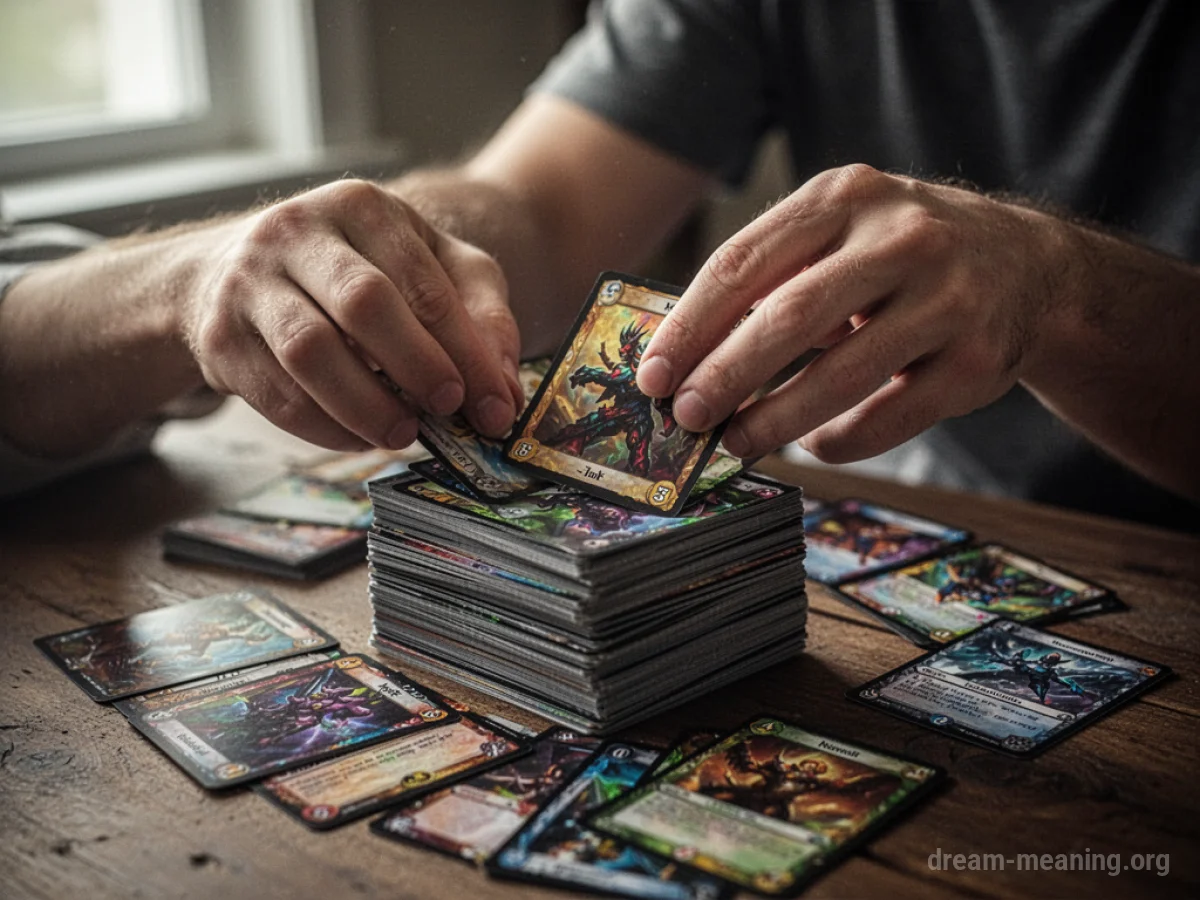 Hands sorting through a stack of trading cards.