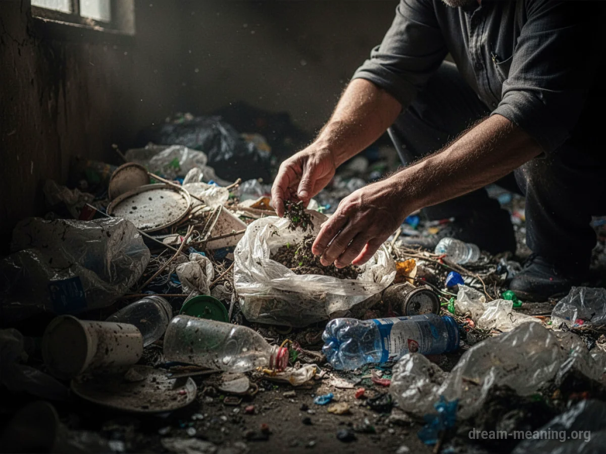 Hands sorting through a pile of trash and discarded items.
