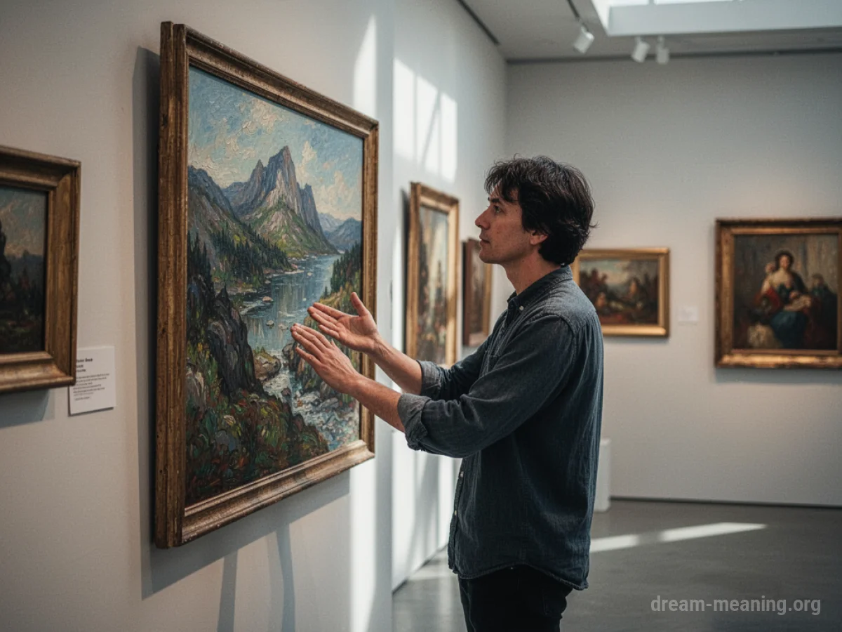 Person looking closely at a framed piece of art in a gallery.