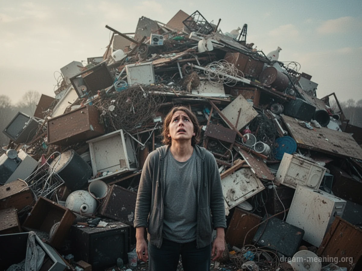 A person dwarfed by a large, messy stack of assorted items.