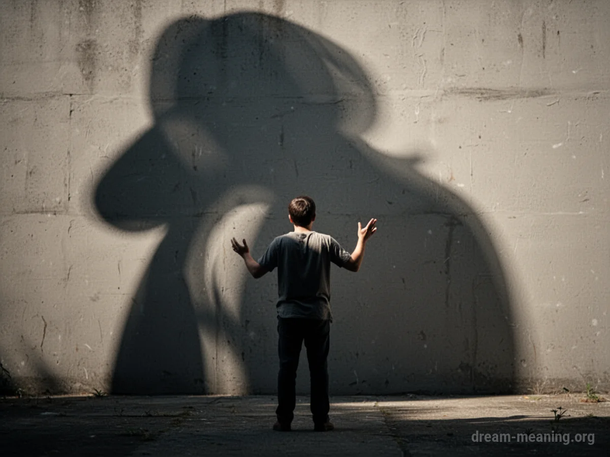 A lone person gesturing towards a large, indistinct shadowy shape.
