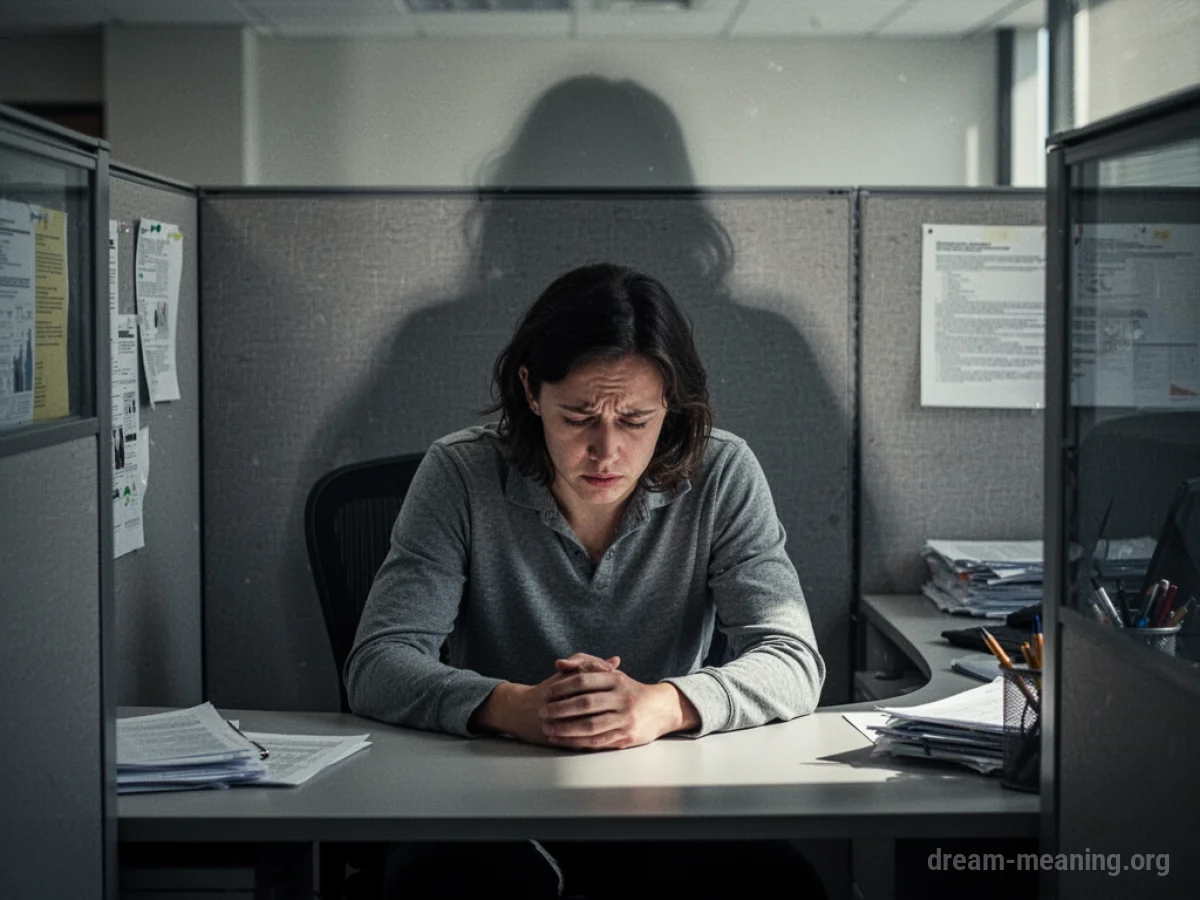Silhouette of a person slumped over a desk in an office.