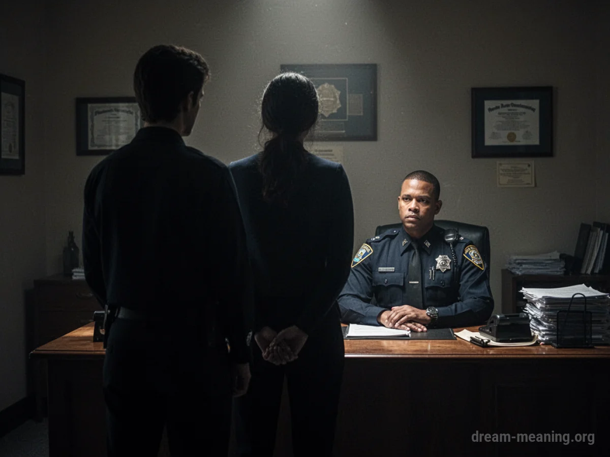 Silhouette of a person speaking to a police officer at a desk.