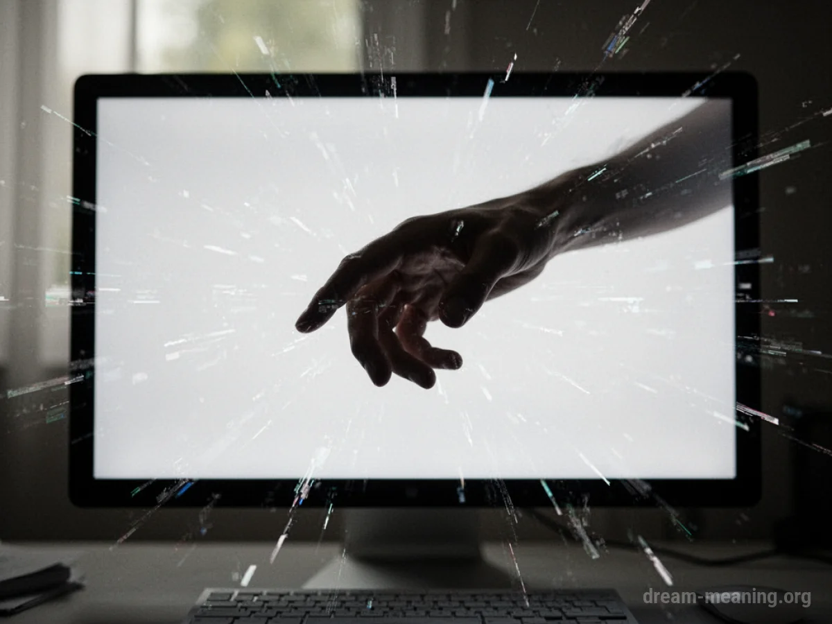 A dark silhouette of a hand above a blank computer monitor displaying subtle digital distortion.