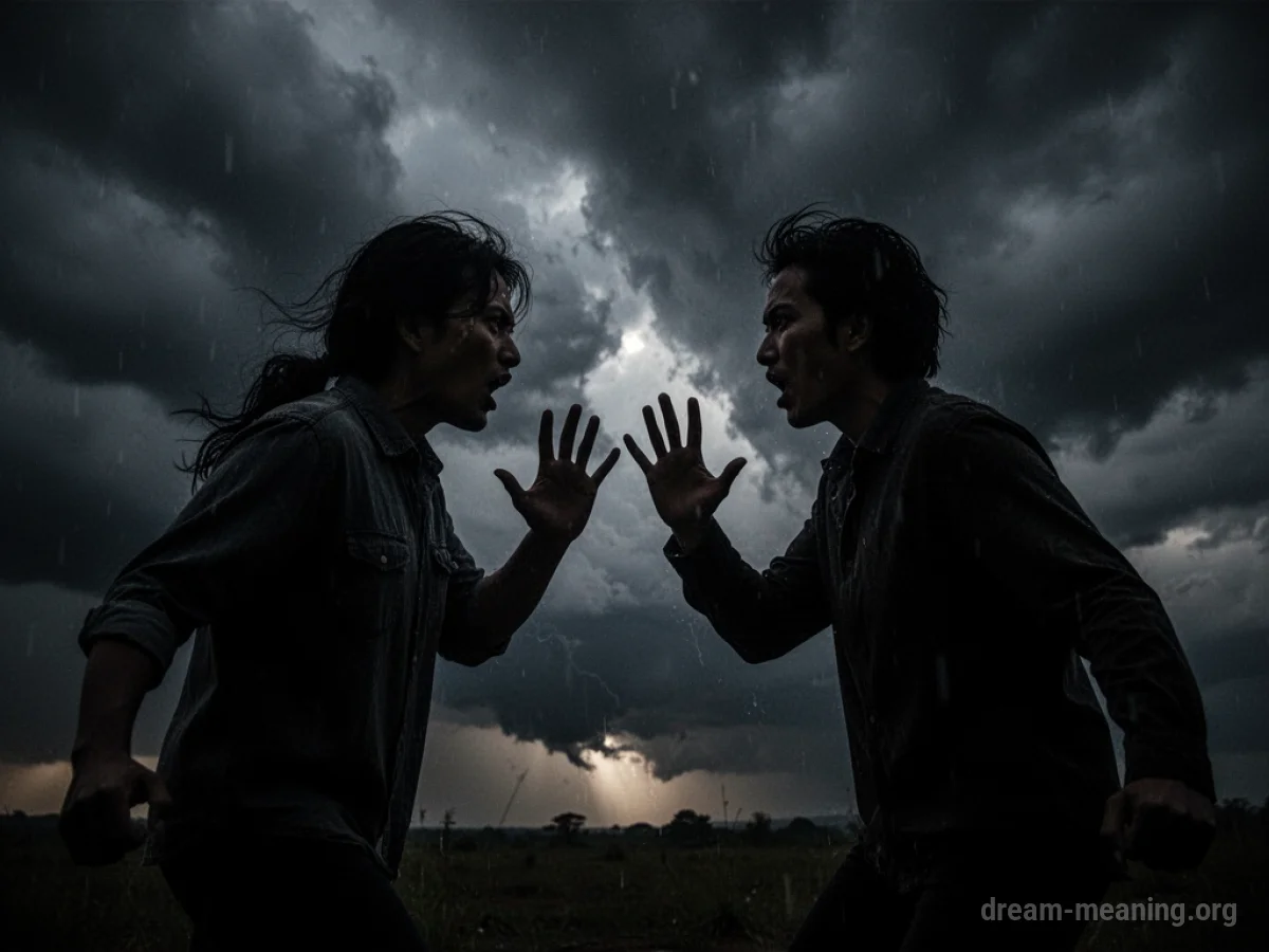 Silhouettes of two people in confrontation with agitated energy.