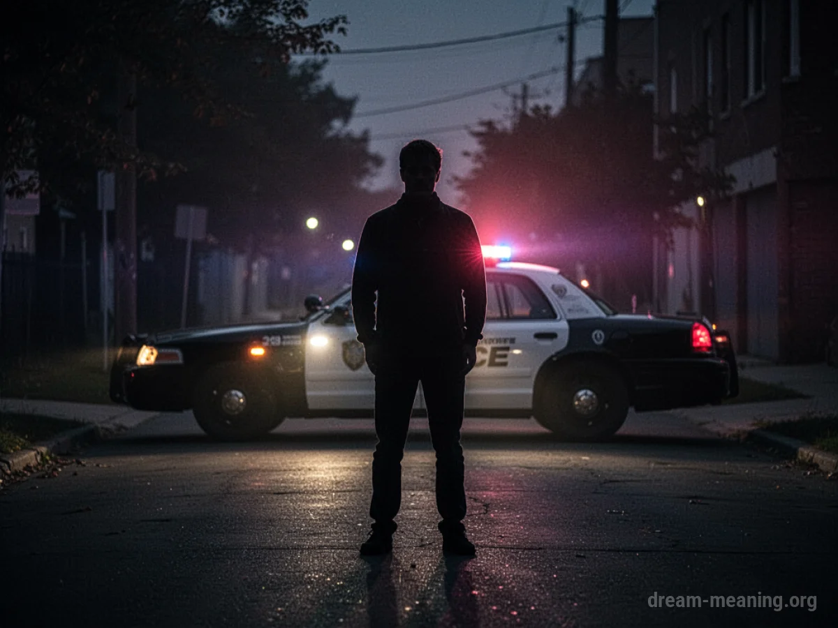 Silhouette of a person facing away from a police car with flashing lights.