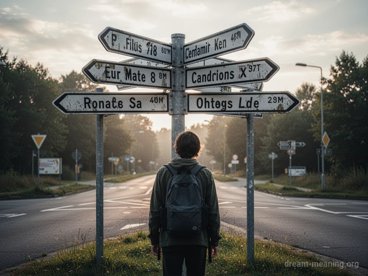A person at a crossroads with many signs pointing in opposite ways.