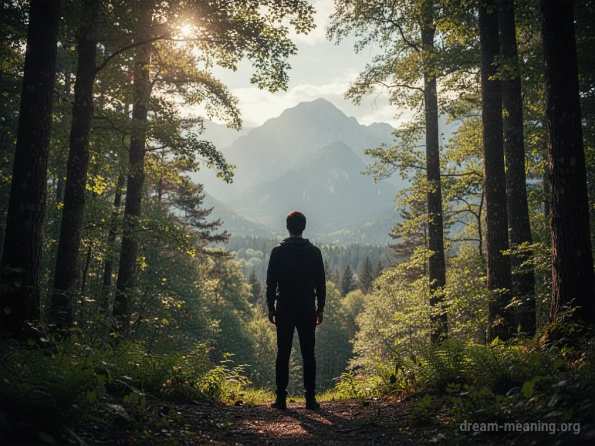 Silhouette of a person standing in a forest facing a mountain landscape.