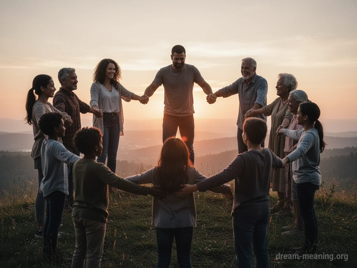 Silhouettes of people holding hands in a circle against a sunrise.
