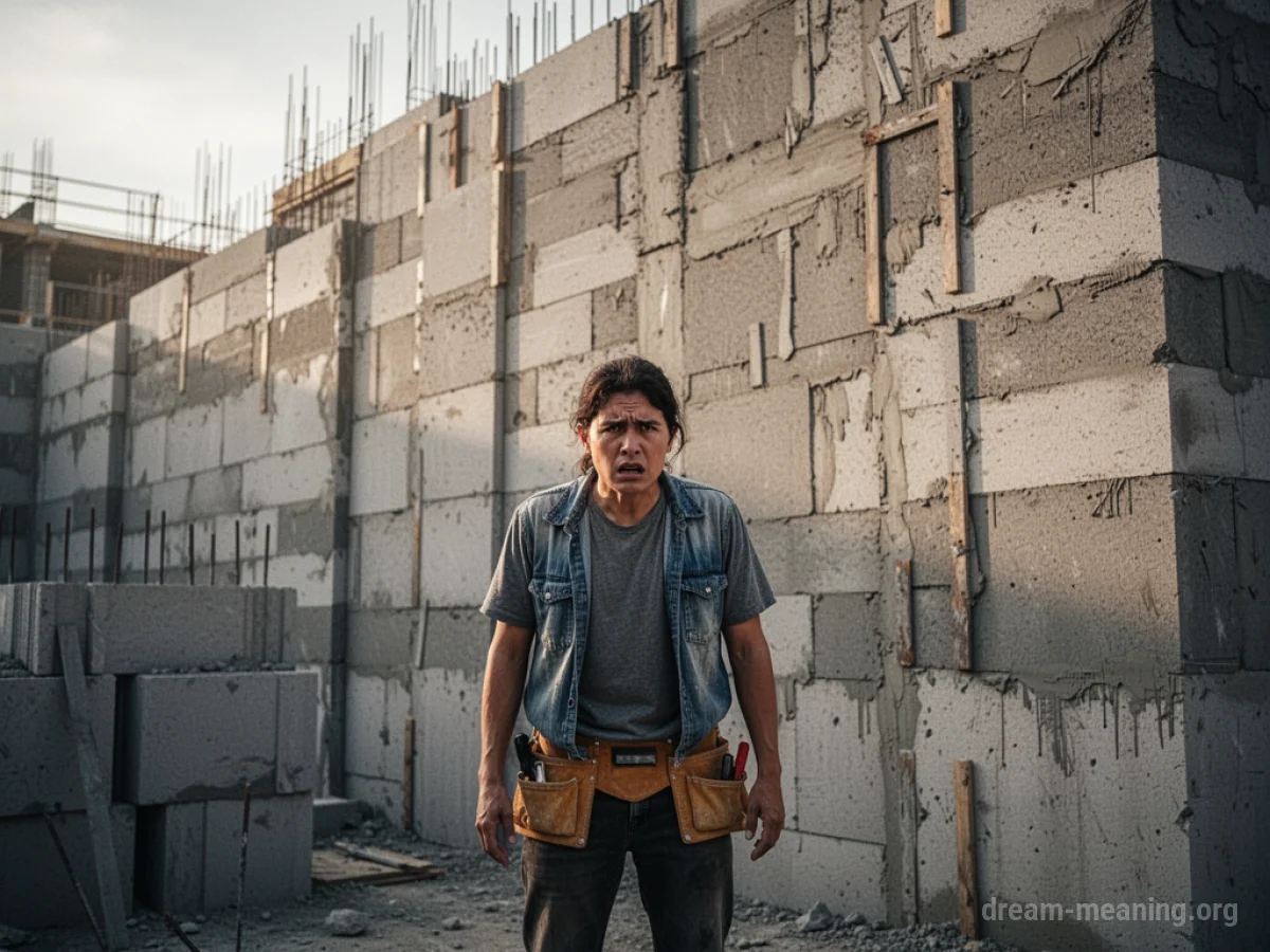 A person facing a wall of construction materials.