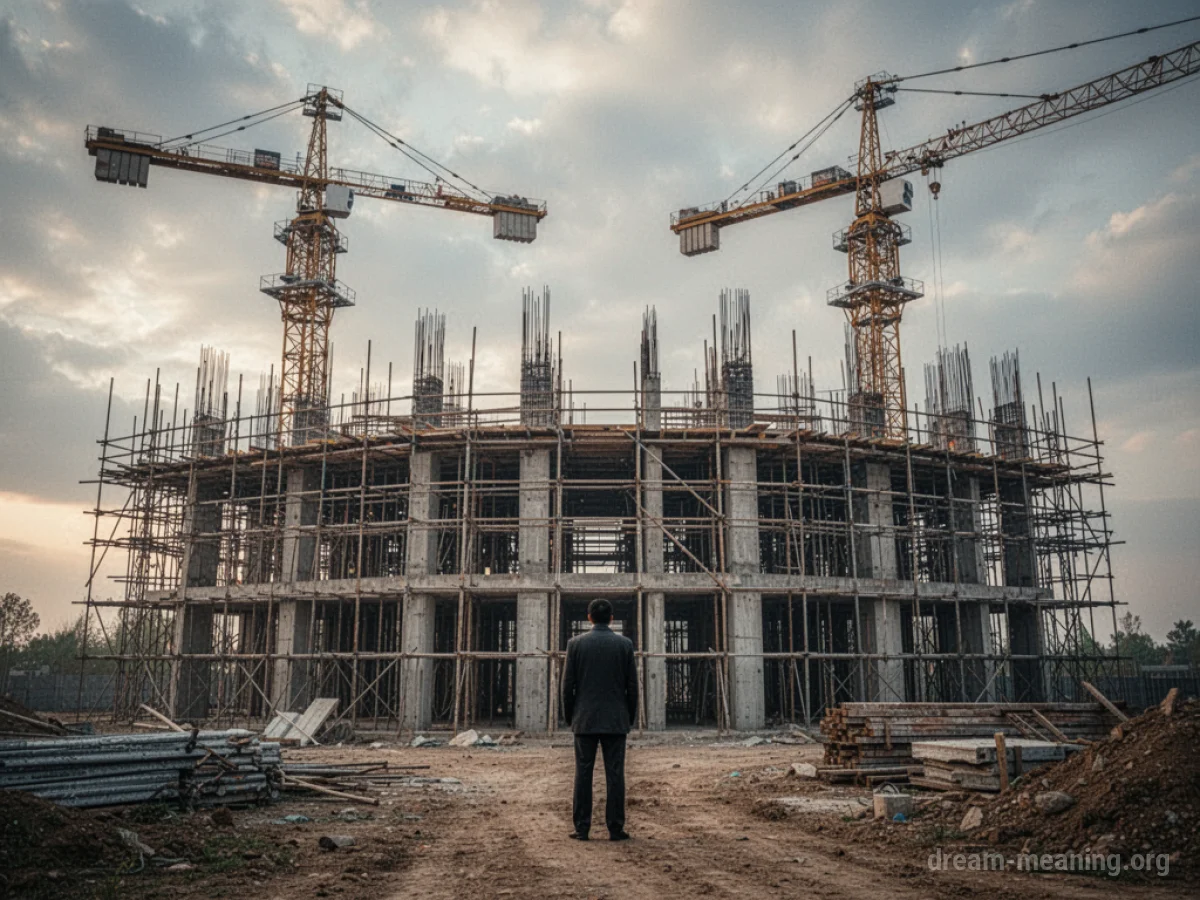 A half-finished building with idle construction equipment under a gray sky.