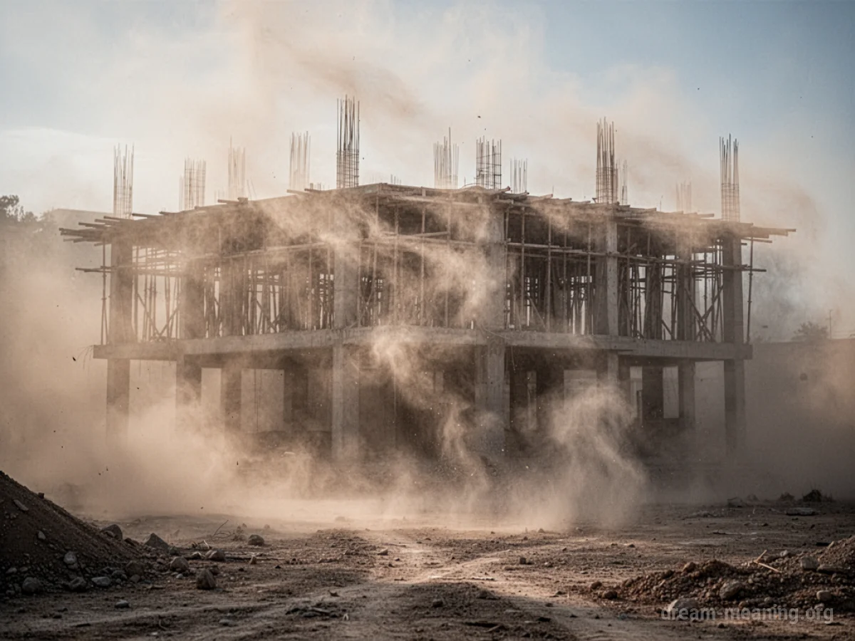 A hazy atmosphere filled with fine particles, partially obscuring an unfinished building.