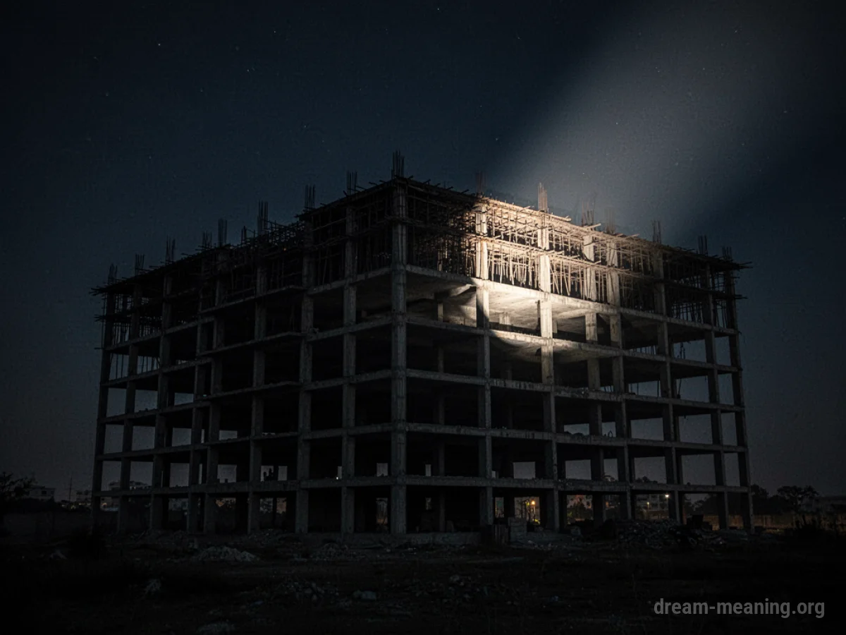 An unfinished building at night, partially lit by a spotlight.