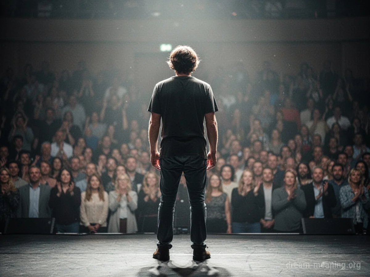 A lone figure on a stage facing an out-of-focus audience.