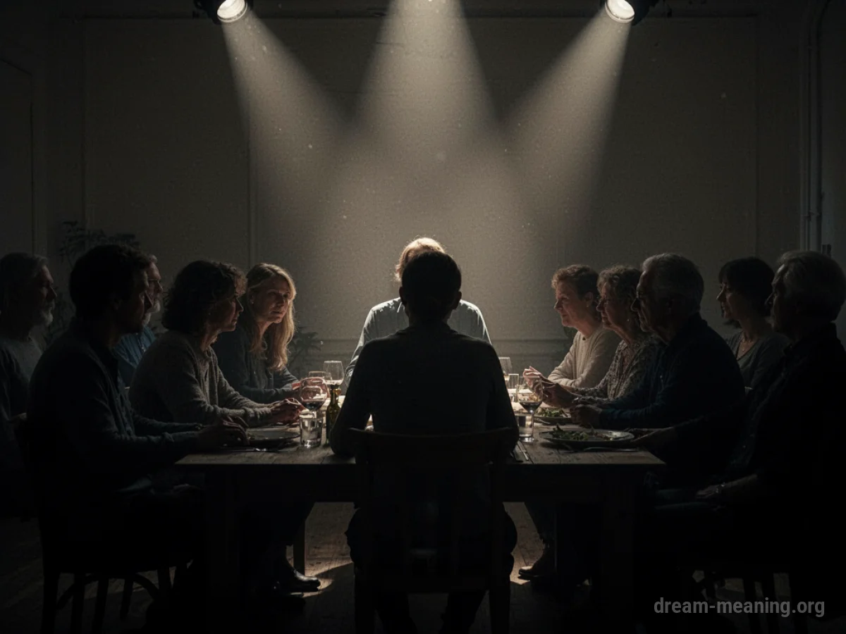Silhouettes of people gathered around a table with a single spotlight.