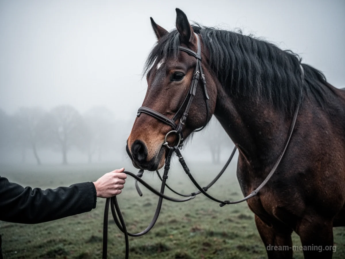 A person's hand holding the reins of a horse.