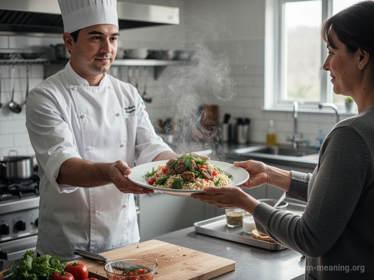 A person receiving a plate of food from a cook.