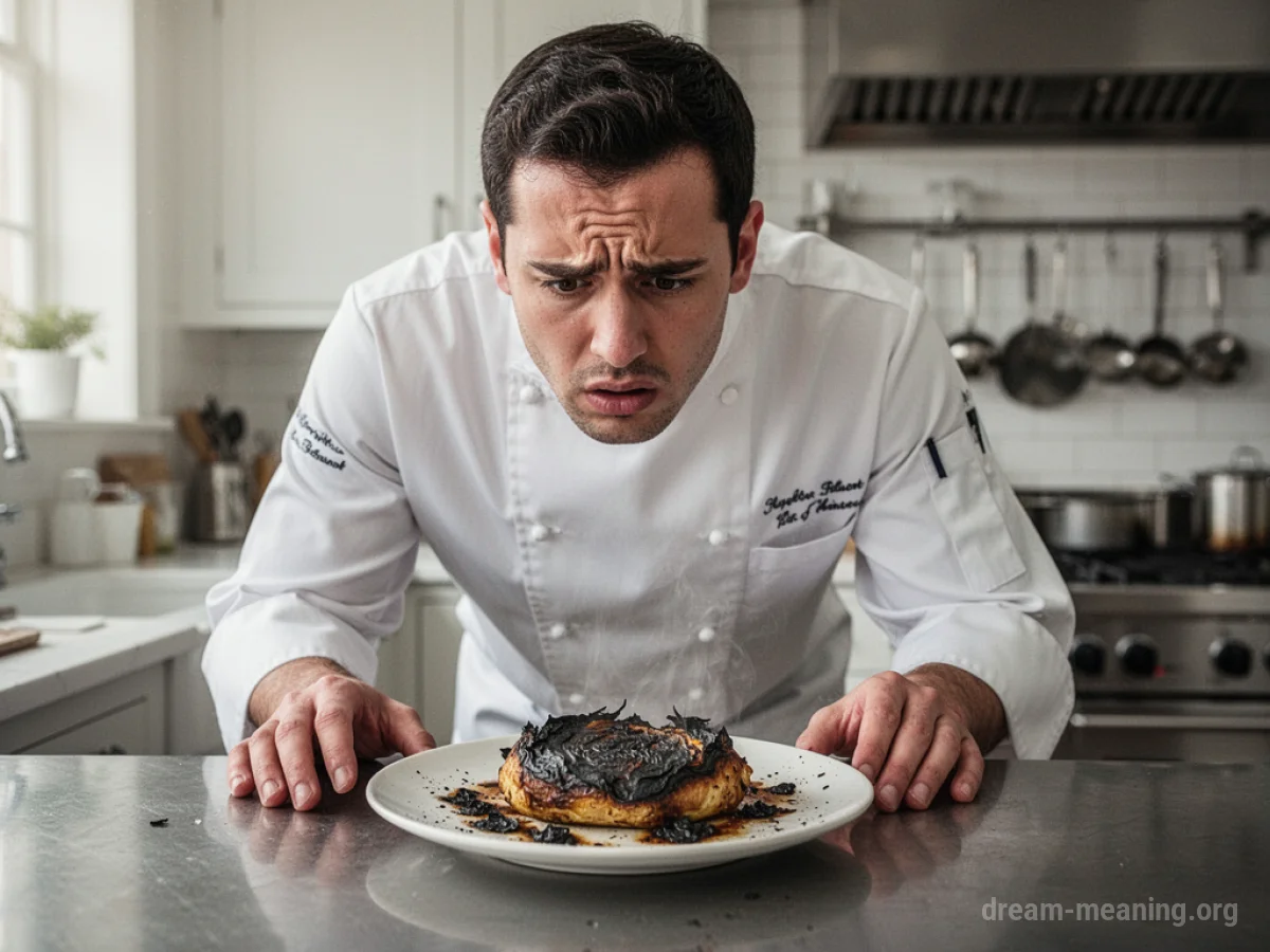 A chef looking sadly at a burnt dish.