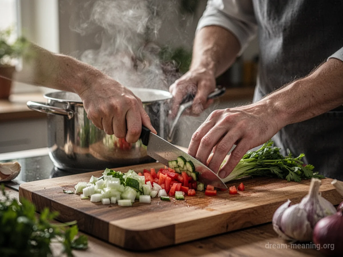 Hands chopping vegetables with a steaming pot in the background.
