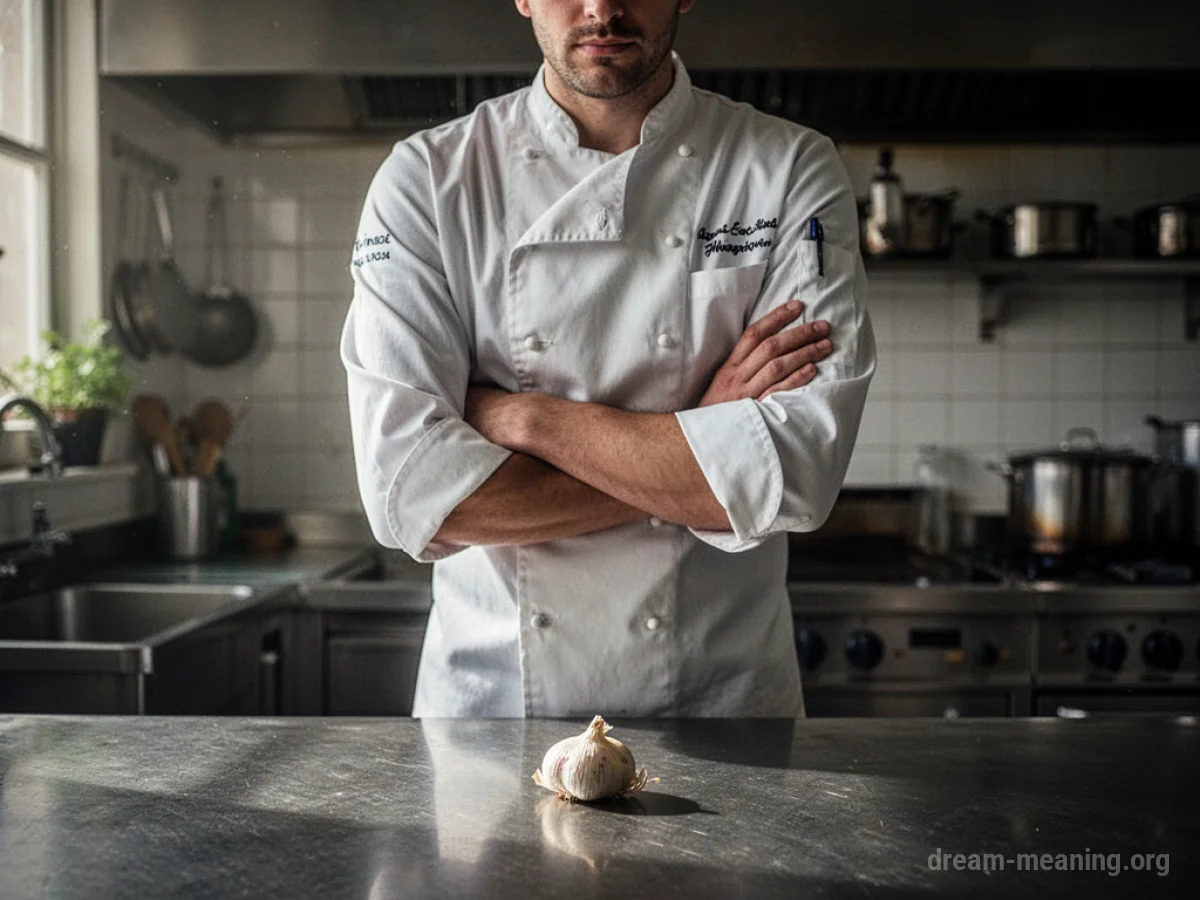 A chef stands with arms crossed in an empty kitchen.
