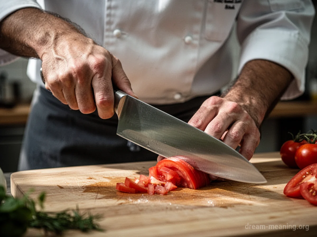 A chef's hands holding a knife over a cutting board.