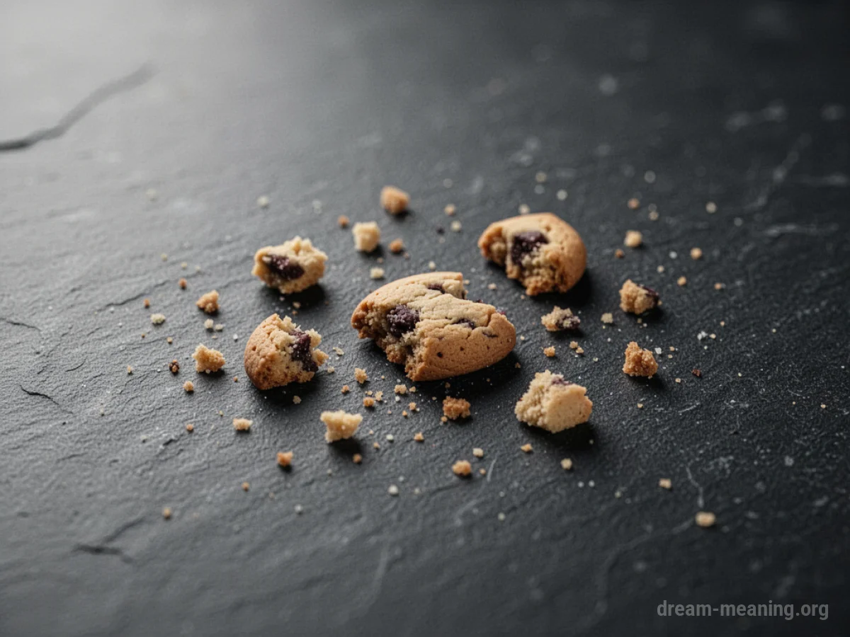 Several small pieces of a cookie scattered on a dark background.