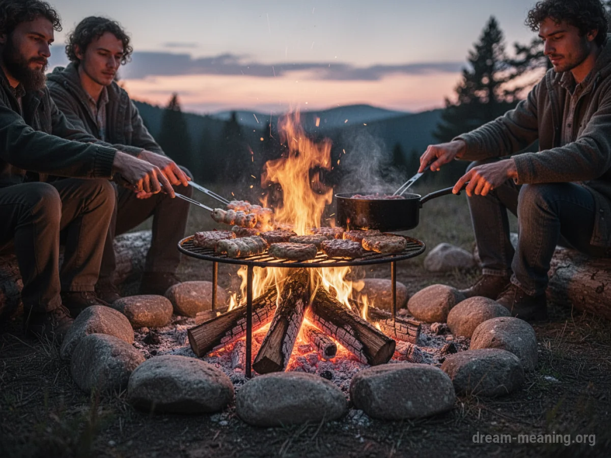 A campfire with food cooking on a grill over the flames.
