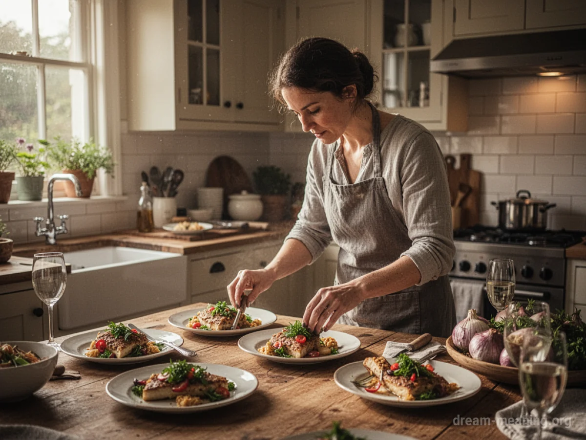 A person arranging food on plates in a kitchen.