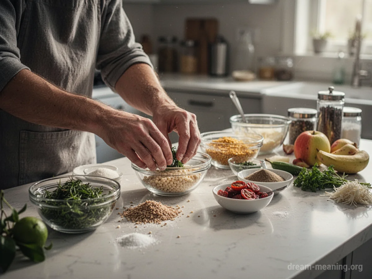 Hands preparing food on a kitchen counter.