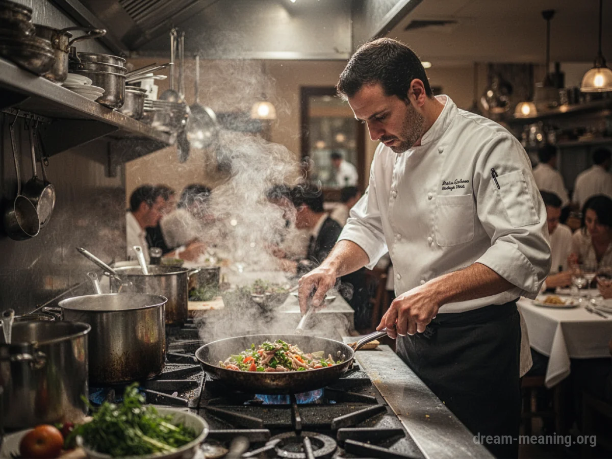 A chef actively cooking in a bustling restaurant kitchen.