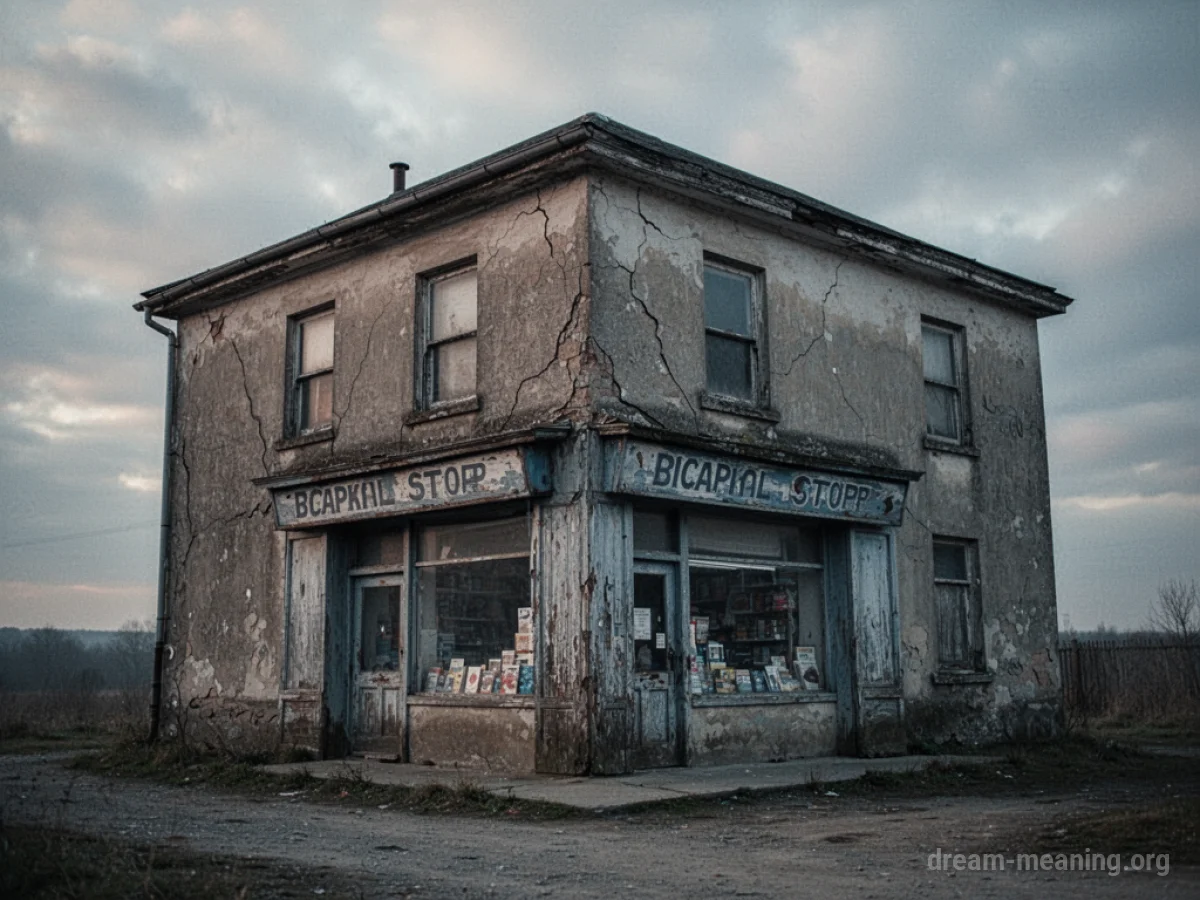 A small corner shop building with visible structural damage.
