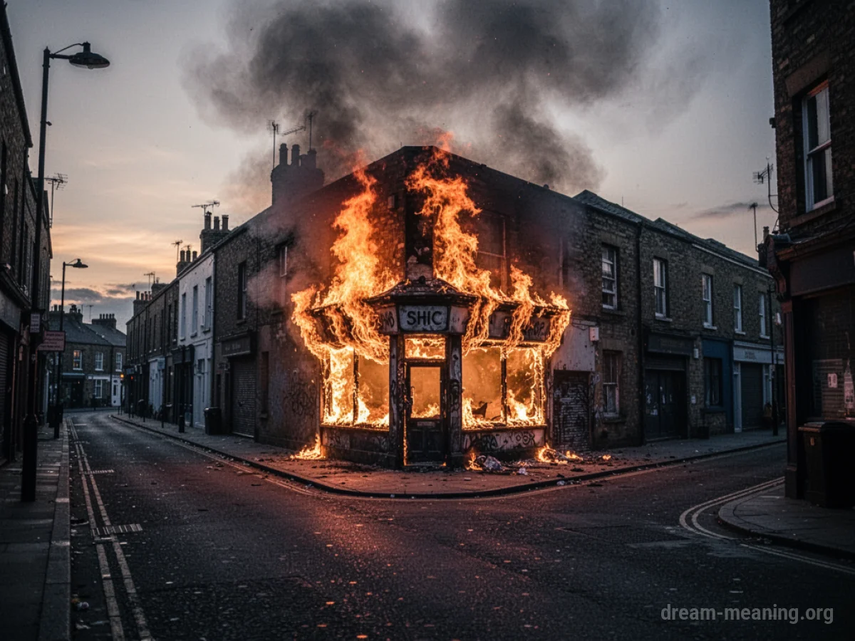 A building resembling a corner shop is burning with flames and smoke.