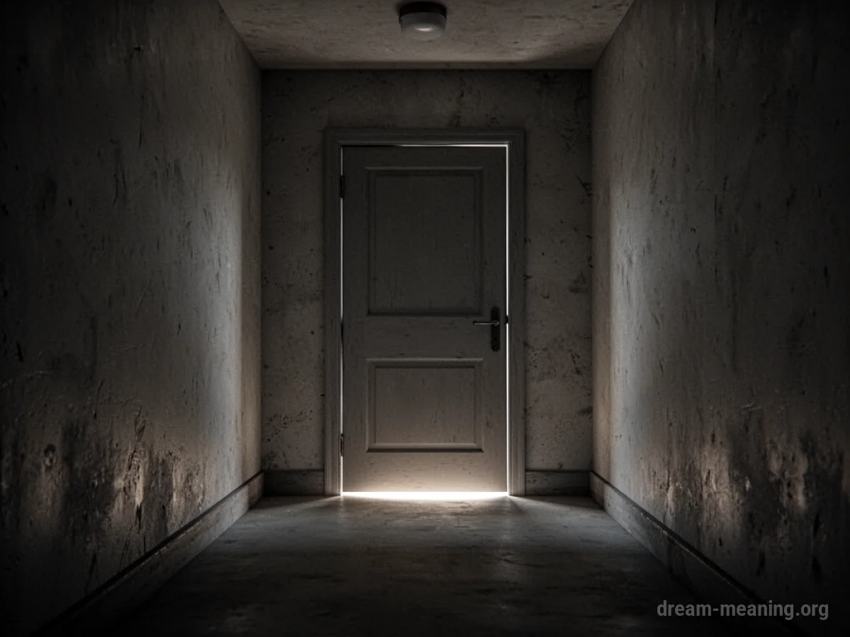 A long, dark corridor leading to a closed door.