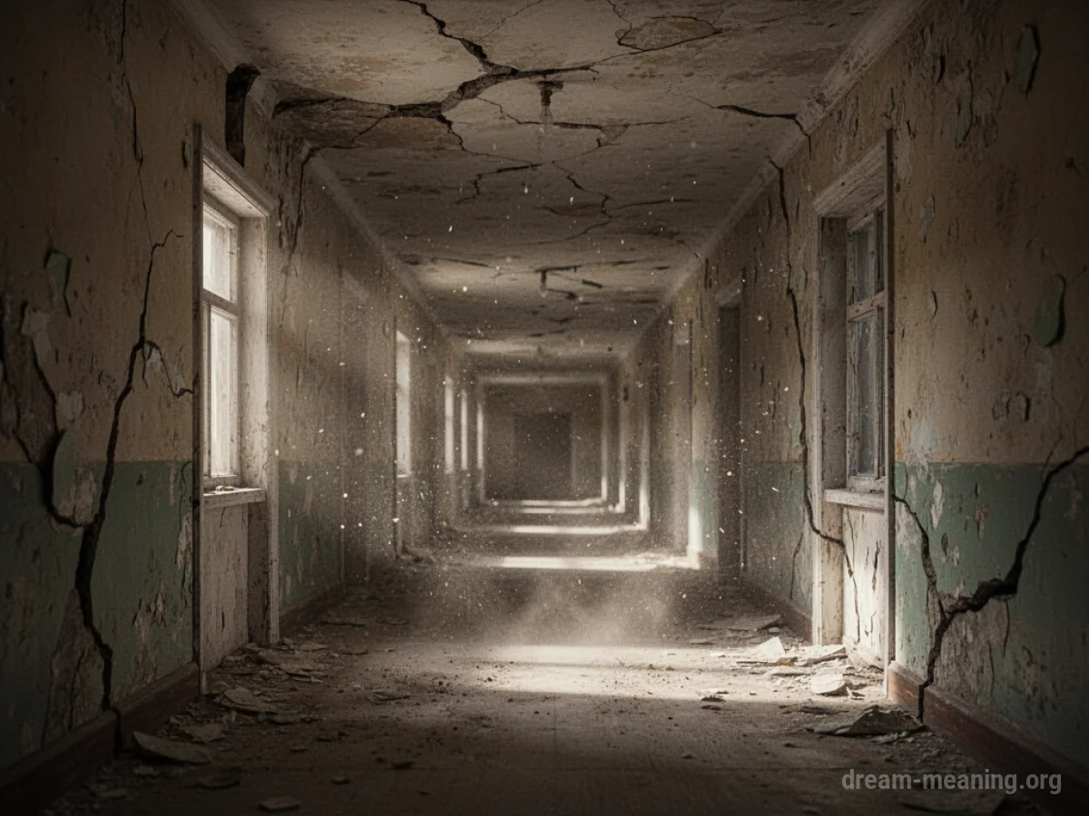 A cracked and crumbling corridor interior.