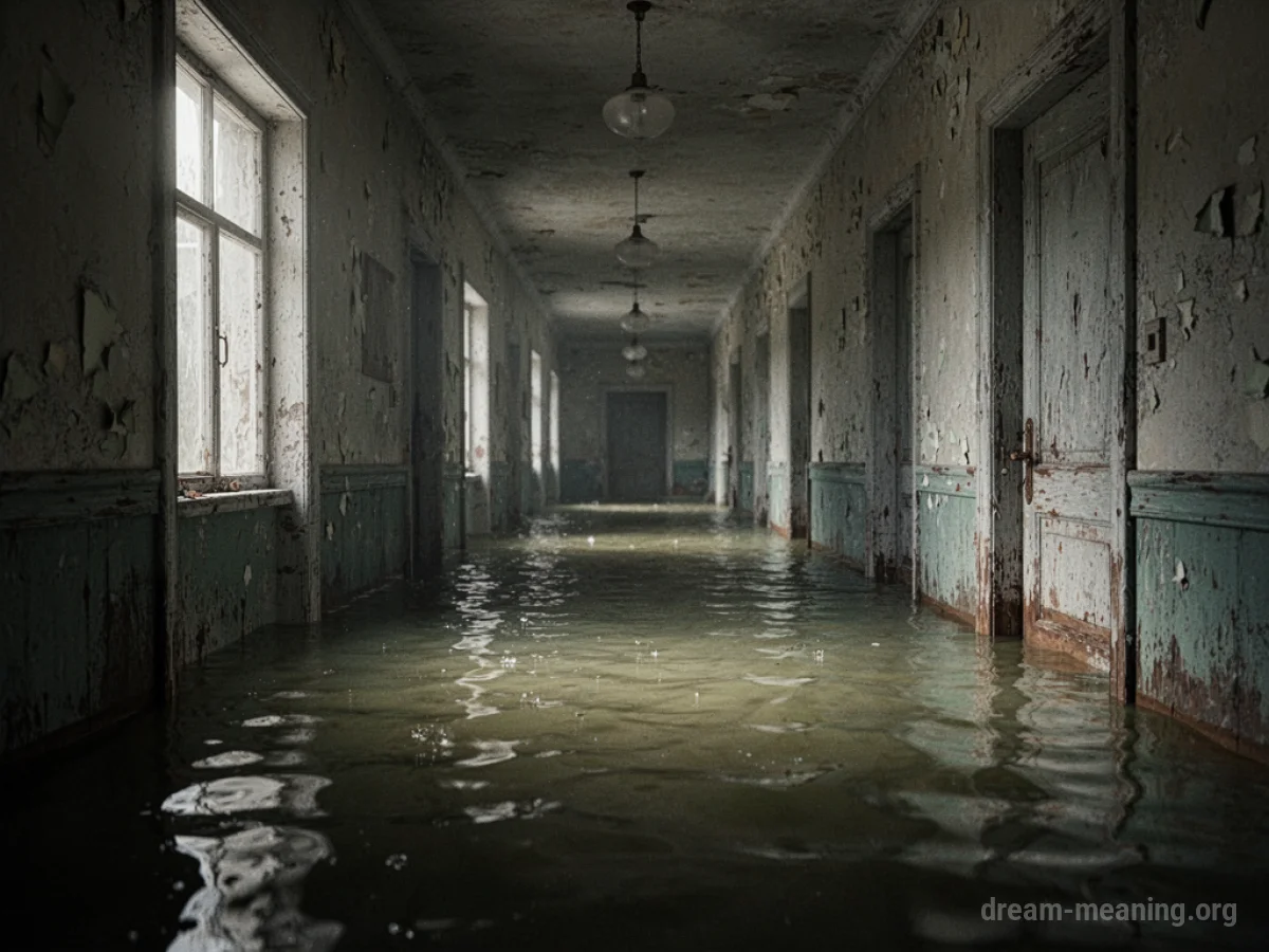 A dark corridor with water covering the floor.