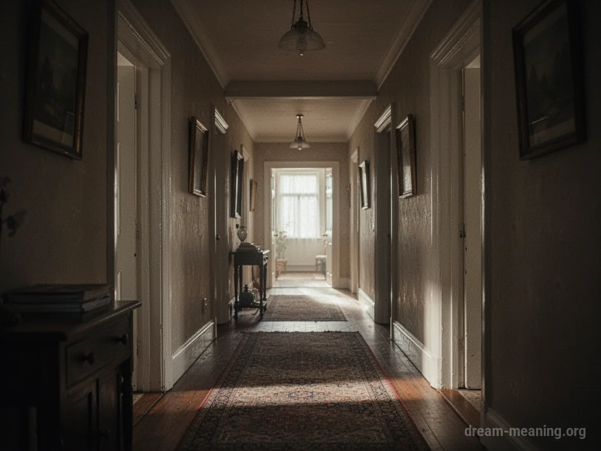 Interior view of a long, narrow hallway within a house, with doors along the walls.