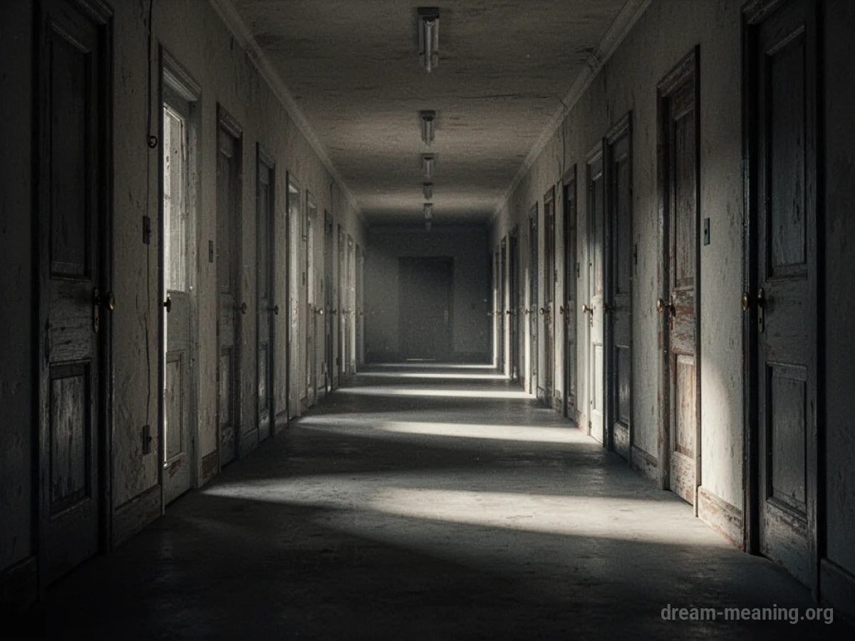 A long corridor with many doors on either side.