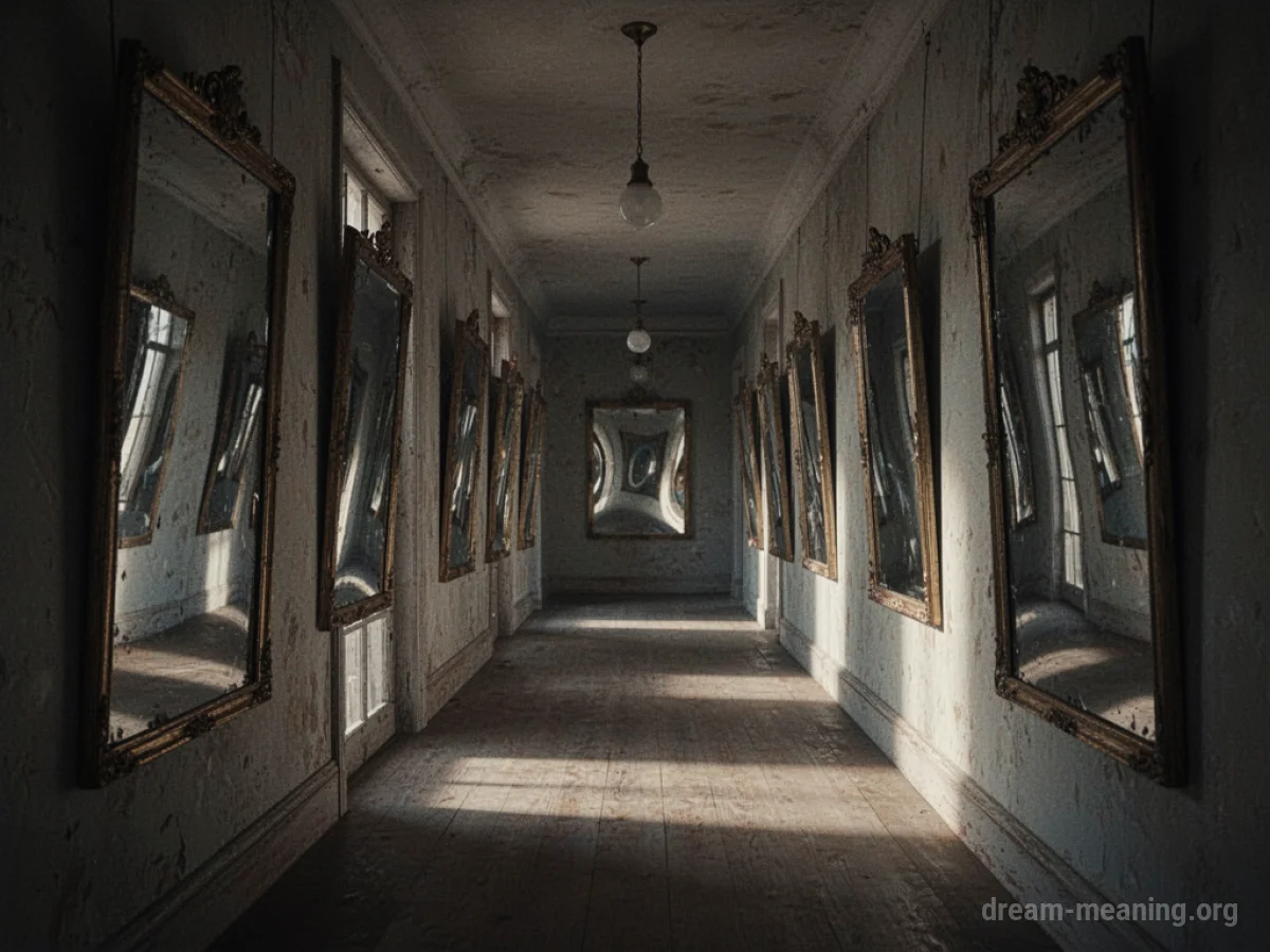 A long hallway lined with mirrors reflecting multiple distorted images.
