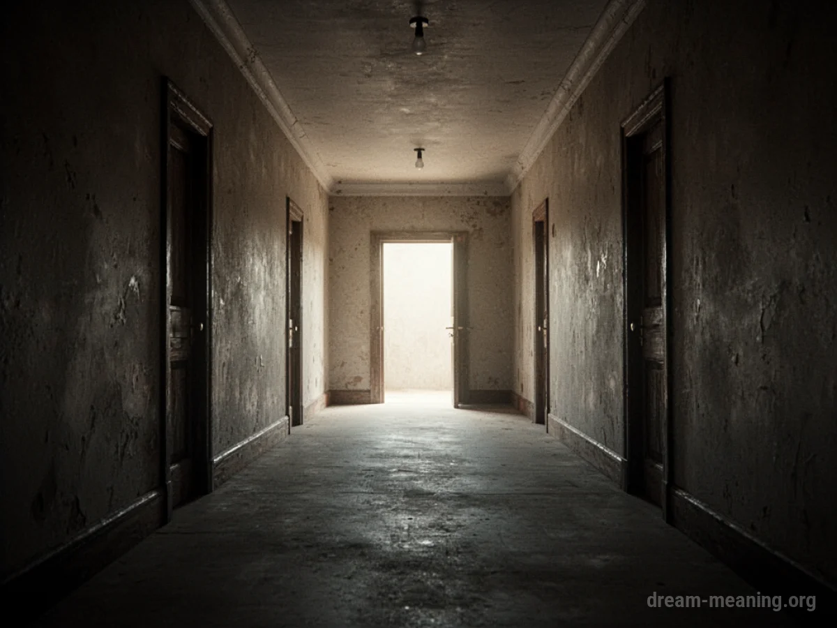 A long corridor with a bright, open doorway at the end.