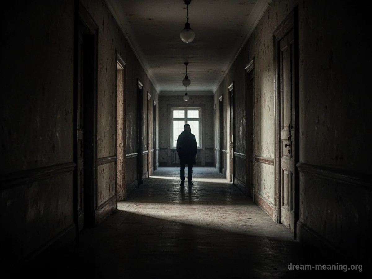 A long, dark corridor with a silhouetted figure at the far end.