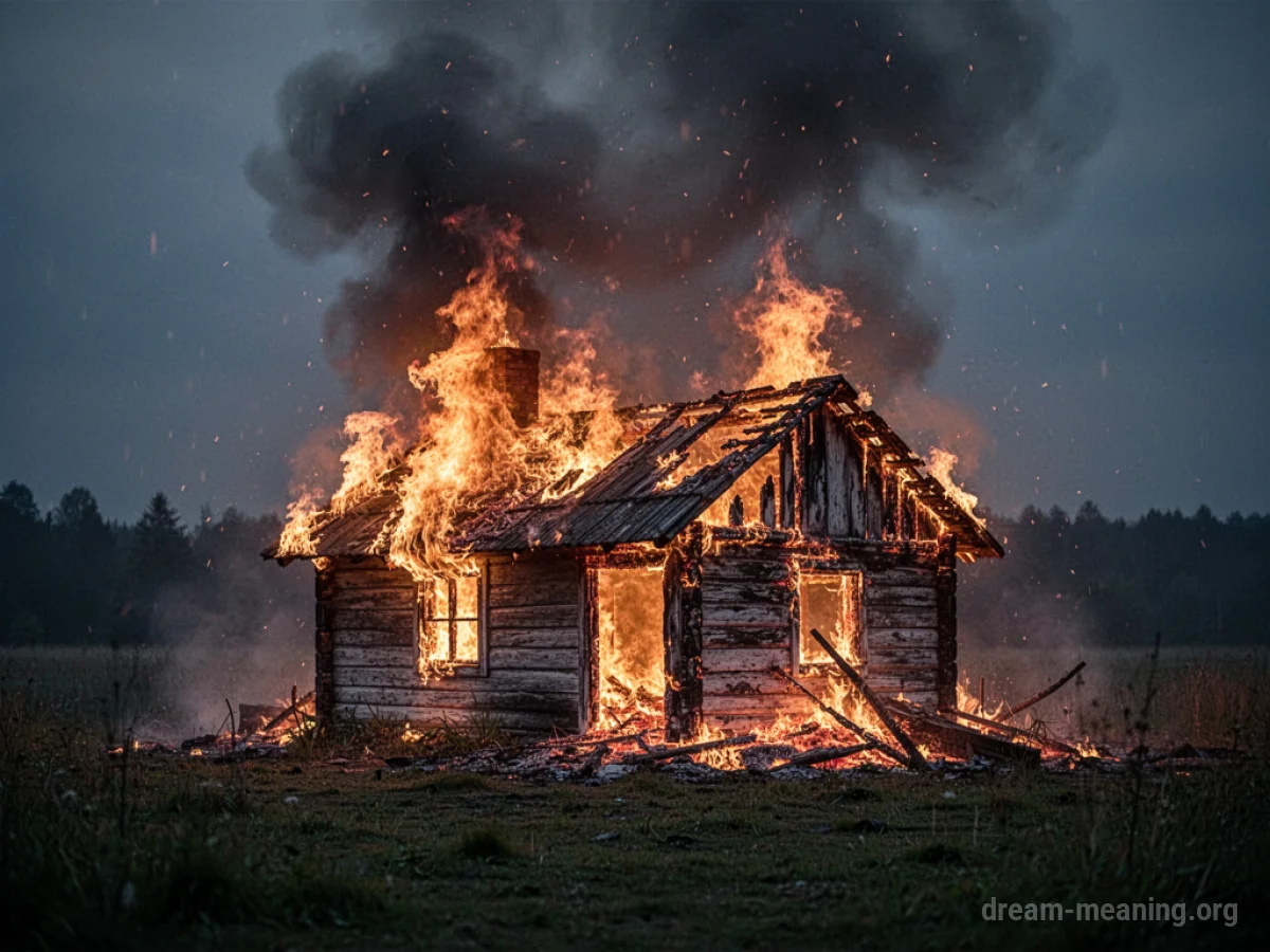A wooden cottage with flames and smoke billowing from its roof and windows.