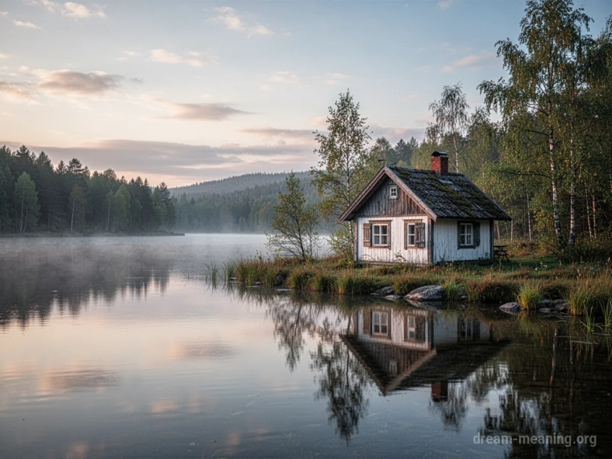 A small cottage situated next to a calm lake.