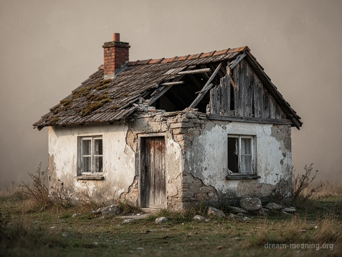 A wooden cottage showing signs of structural failure.